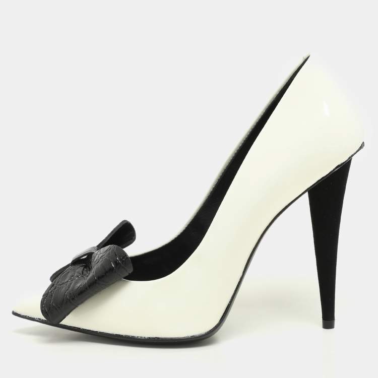 Pre Owned Giuseppe Zanotti White/Black Patent Leather and Croc Embossed Leather Bow Pumps Size 38
