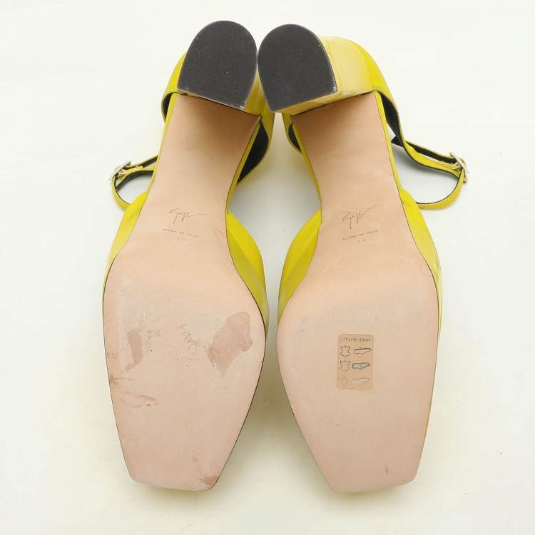 Pre Owned Giuseppe Zanotti Yellow iridescent Patent Leather Platform Ankle Strap Pumps Size 39