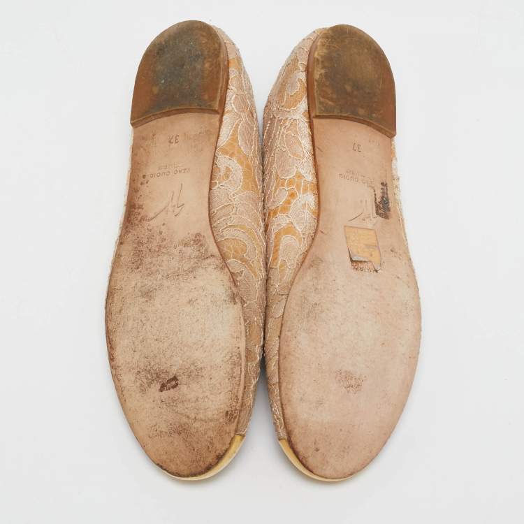 Pre Owned Giuseppe Zanotti Beige Lace Cap Toe Ballet Flats Size 37