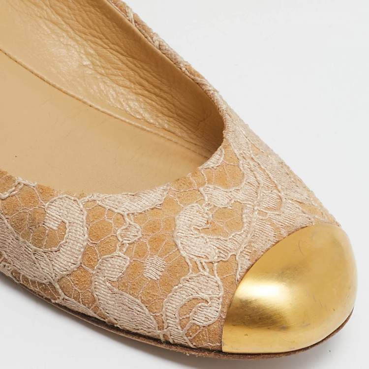 Pre Owned Giuseppe Zanotti Beige Lace Cap Toe Ballet Flats Size 37