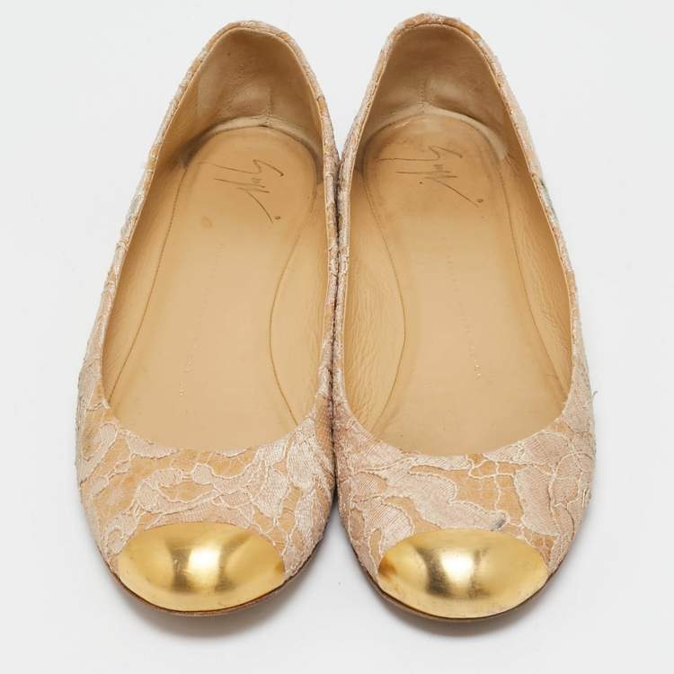 Pre Owned Giuseppe Zanotti Beige Lace Cap Toe Ballet Flats Size 37