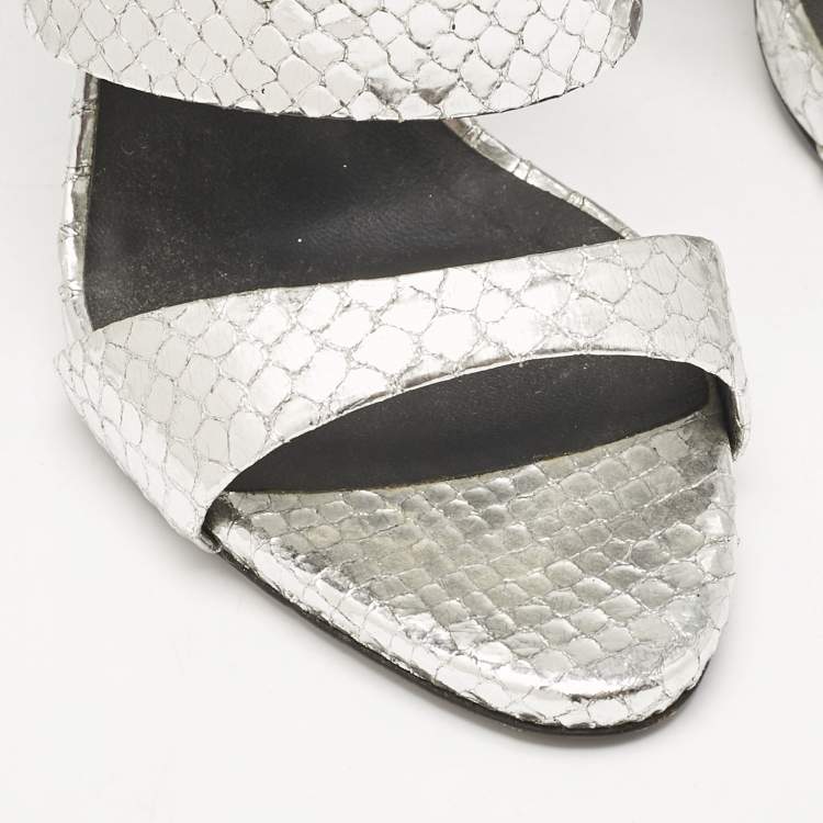 Pre Owned Giuseppe Zanotti Silver Snakeskin Embossed Leather Andrea Sandals Size 39