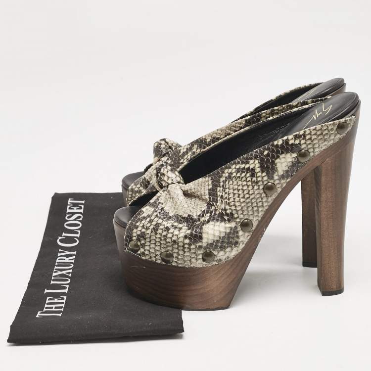 Pre Owned Giuseppe Zanotti Multicolor Snakeskin Embossed Leather Knot Wooden Platform Mules Size 40