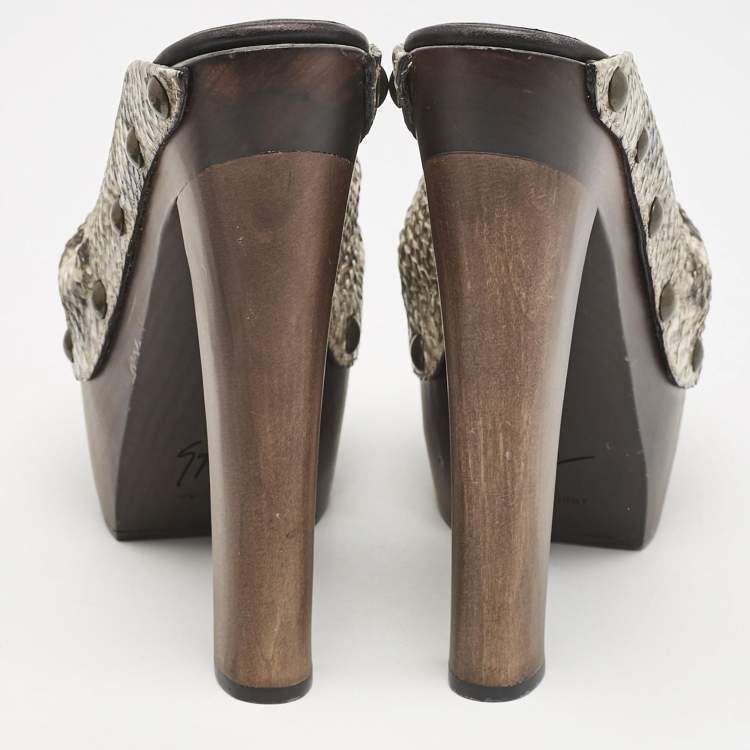 Pre Owned Giuseppe Zanotti Multicolor Snakeskin Embossed Leather Knot Wooden Platform Mules Size 40