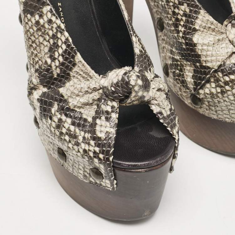 Pre Owned Giuseppe Zanotti Multicolor Snakeskin Embossed Leather Knot Wooden Platform Mules Size 40