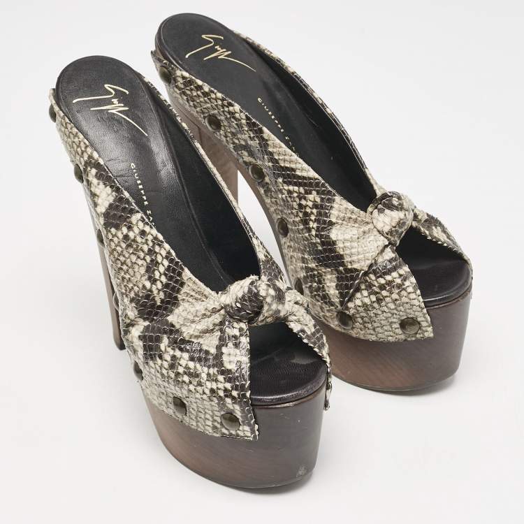 Pre Owned Giuseppe Zanotti Multicolor Snakeskin Embossed Leather Knot Wooden Platform Mules Size 40