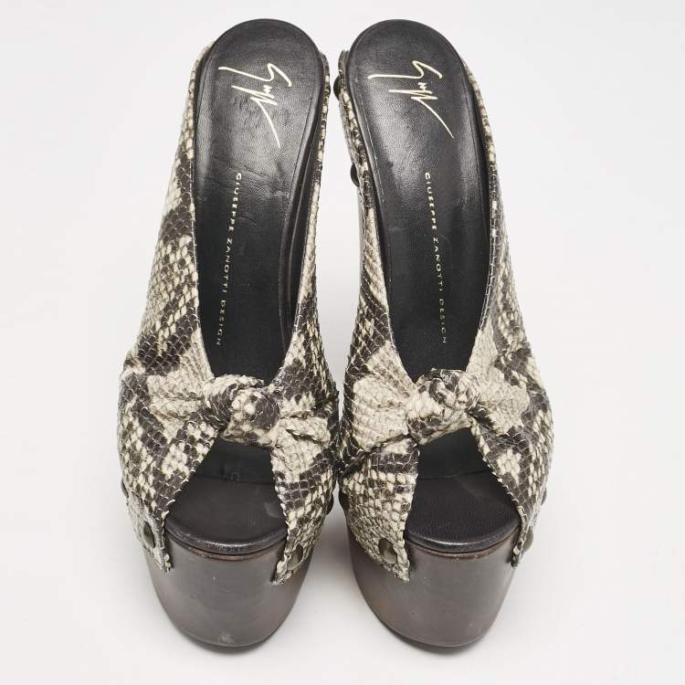 Pre Owned Giuseppe Zanotti Multicolor Snakeskin Embossed Leather Knot Wooden Platform Mules Size 40