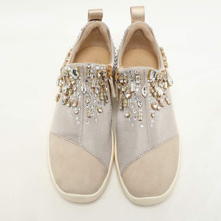 Pre Owned Giuseppe Zanotti Beige Crystal Embellished Suede And Mesh May London Slip On Sneakers Size 36.5