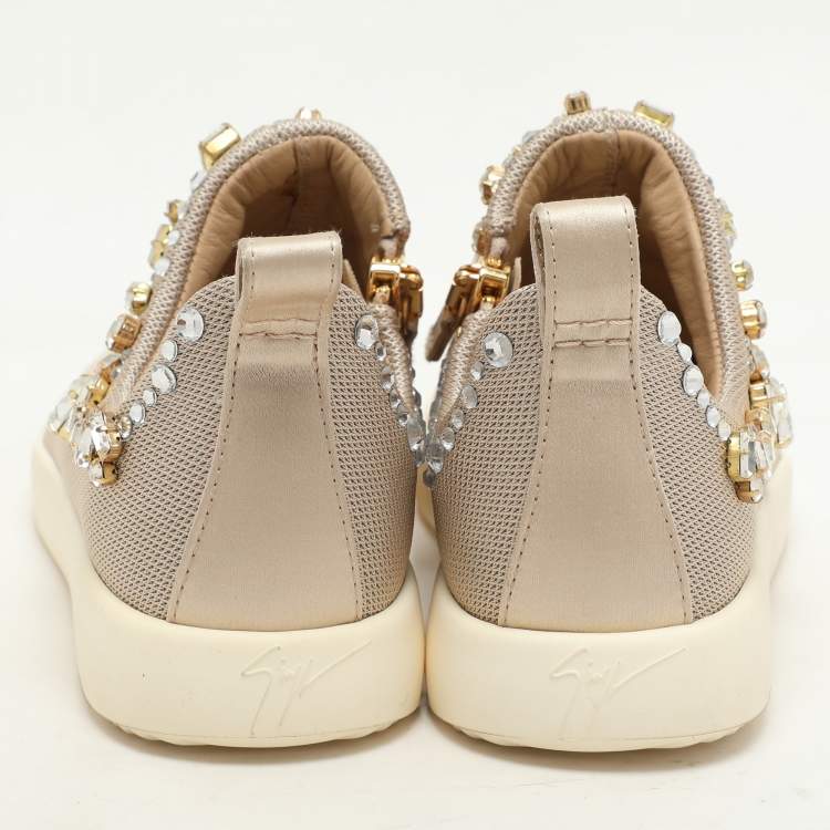 Pre Owned Giuseppe Zanotti Beige Crystal Embellished Suede And Mesh May London Slip On Sneakers Size 36.5