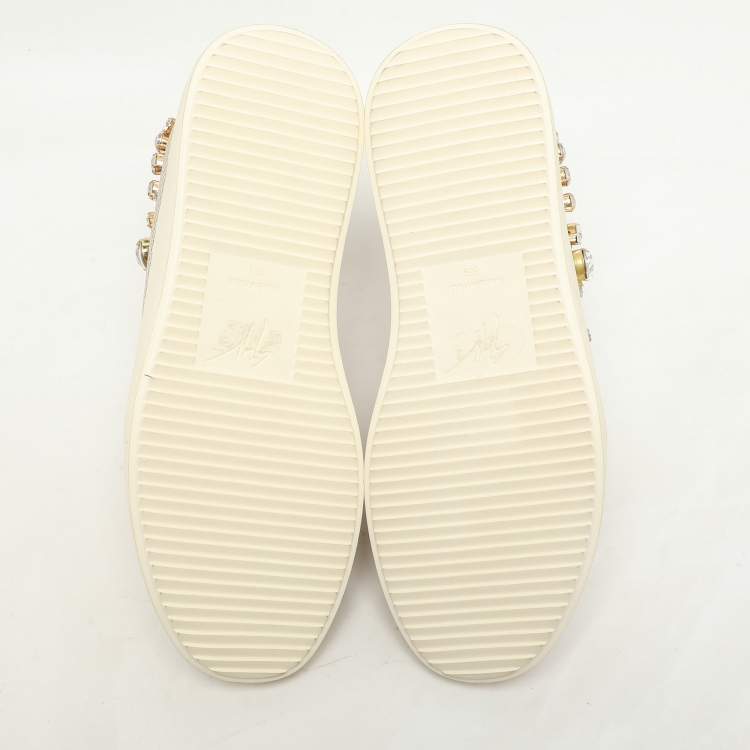Pre Owned Giuseppe Zanotti Beige Crystal Embellished Suede And Mesh May London Slip On Sneakers Size 36.5