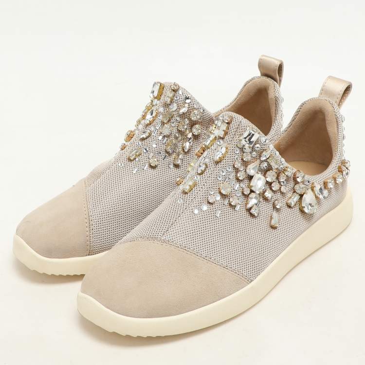 Pre Owned Giuseppe Zanotti Beige Crystal Embellished Suede And Mesh May London Slip On Sneakers Size 36.5