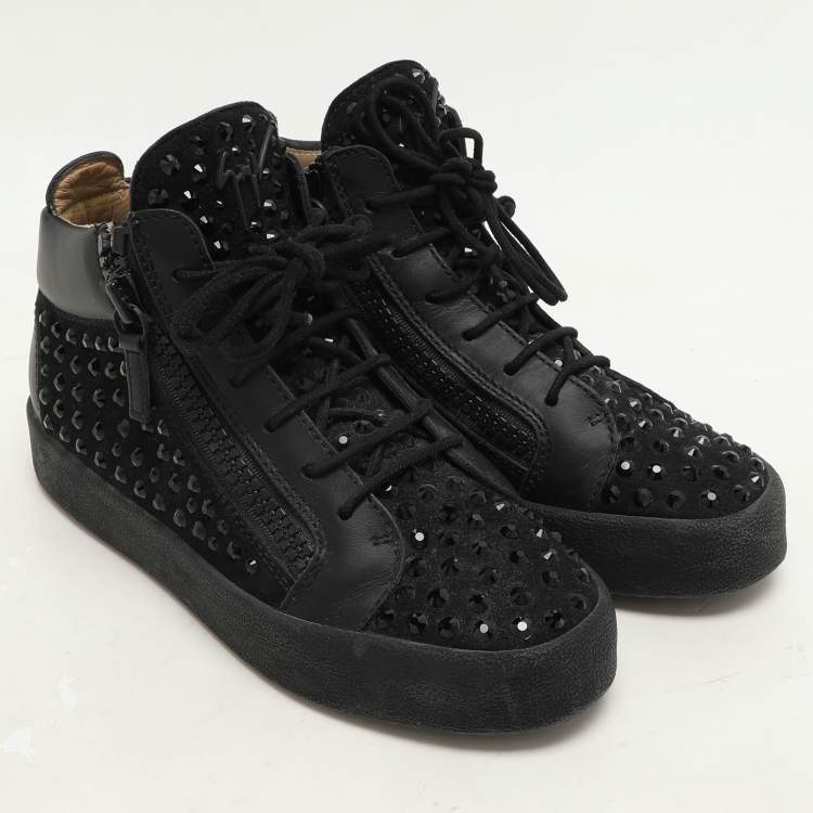 Pre Owned Giuseppe Zanotti black Suede Embellished High Top Sneakers Size 37