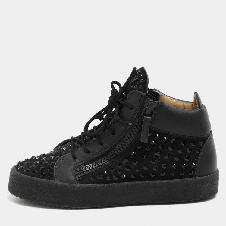 Pre Owned Giuseppe Zanotti black Suede Embellished High Top Sneakers Size 37