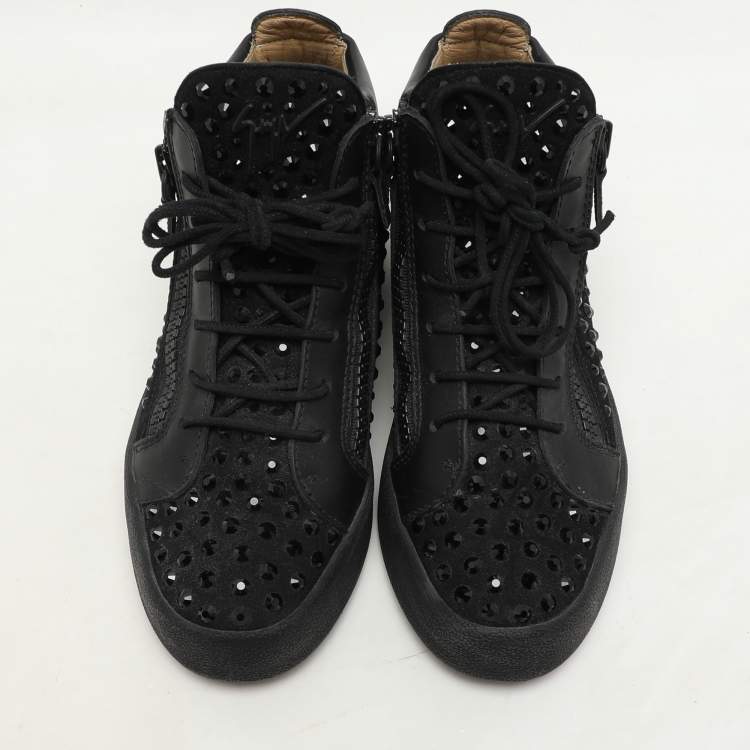 Pre Owned Giuseppe Zanotti black Suede Embellished High Top Sneakers Size 37