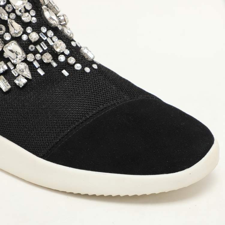 Pre Owned Giuseppe Zanotti Black Crystal Embellished Suede And Mesh May London Slip On Sneakers Size 36