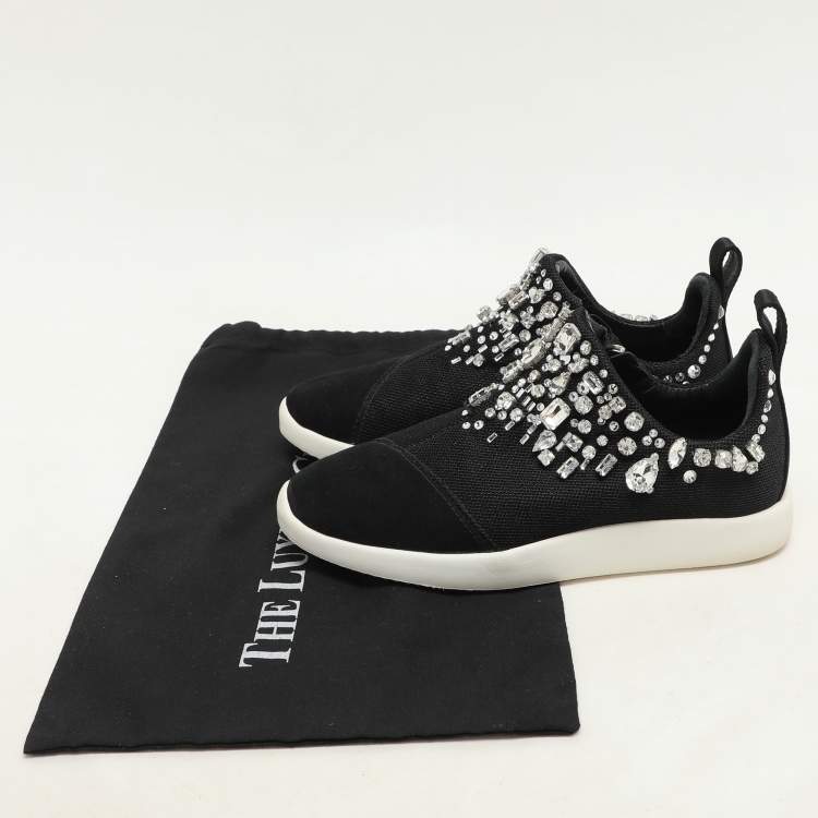 Pre Owned Giuseppe Zanotti Black Crystal Embellished Suede And Mesh May London Slip On Sneakers Size 36