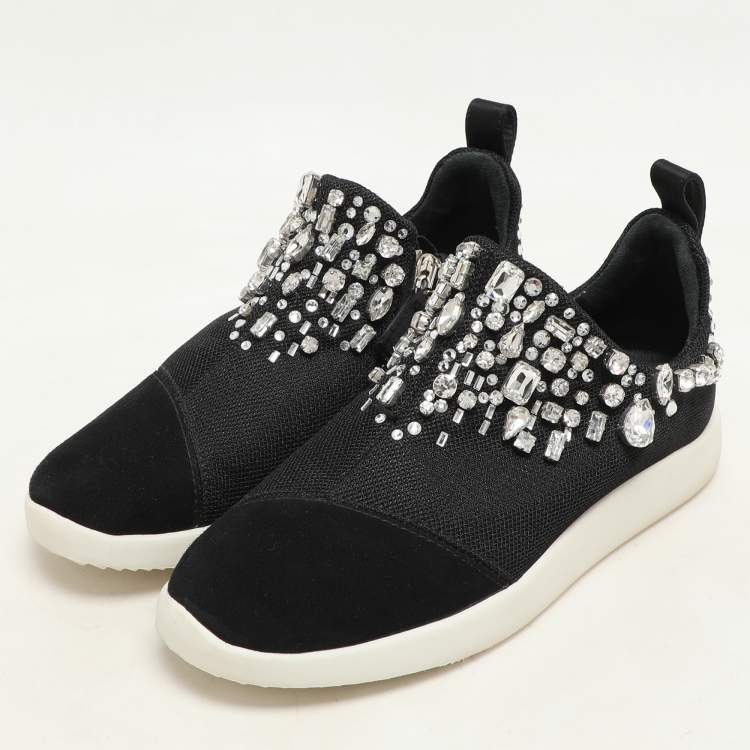 Pre Owned Giuseppe Zanotti Black Crystal Embellished Suede And Mesh May London Slip On Sneakers Size 36