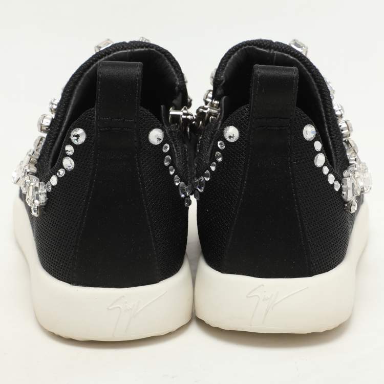 Pre Owned Giuseppe Zanotti Black Crystal Embellished Suede And Mesh May London Slip On Sneakers Size 36