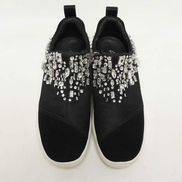Pre Owned Giuseppe Zanotti Black Crystal Embellished Suede And Mesh May London Slip On Sneakers Size 36