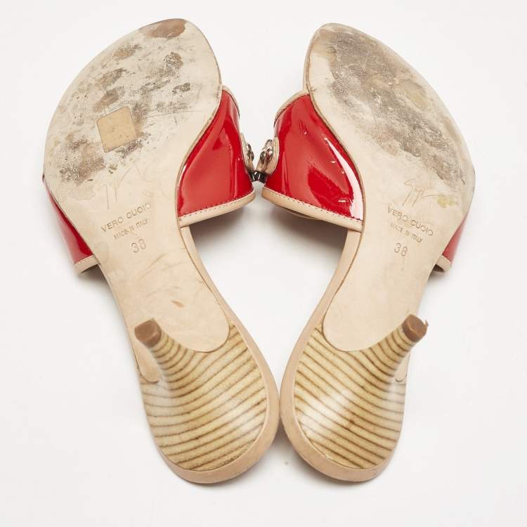 Pre Owned Giuseppe Zanotti Red/Red Leather And Patent Crystal Embellished Slide Sandals Size 38 
