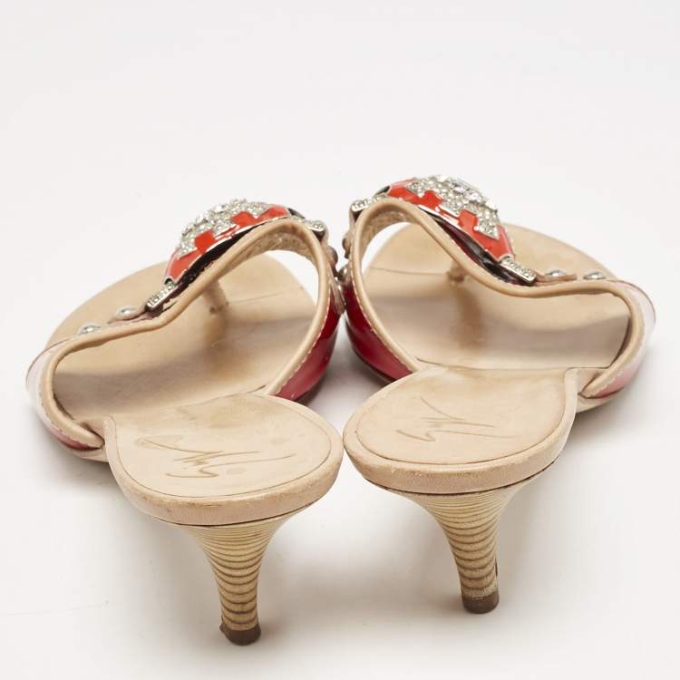Pre Owned Giuseppe Zanotti Red/Red Leather And Patent Crystal Embellished Slide Sandals Size 38 