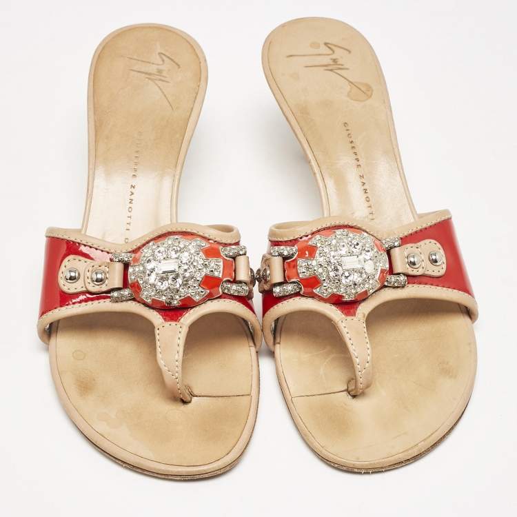 Pre Owned Giuseppe Zanotti Red/Red Leather And Patent Crystal Embellished Slide Sandals Size 38 