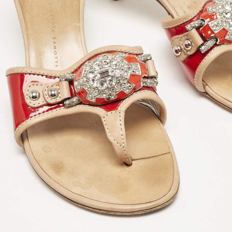 Pre Owned Giuseppe Zanotti Red/Red Leather And Patent Crystal Embellished Slide Sandals Size 38 