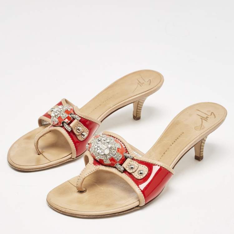 Pre Owned Giuseppe Zanotti Red/Red Leather And Patent Crystal Embellished Slide Sandals Size 38 