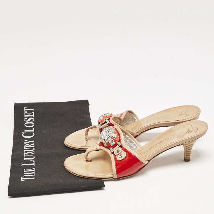 Pre Owned Giuseppe Zanotti Red/Red Leather And Patent Crystal Embellished Slide Sandals Size 38 