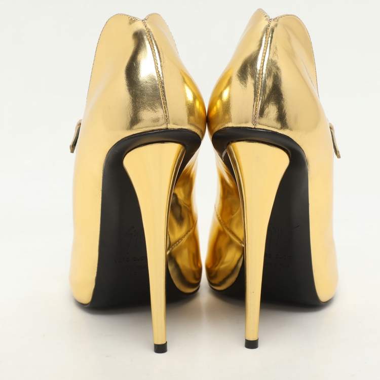 Pre Owned Giuseppe Zanotti Gold Foil Leather Mary Jane Peep Toe Pumps Size 37