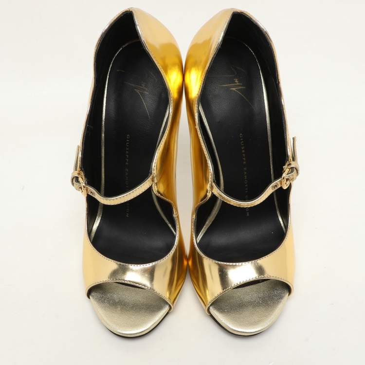 Pre Owned Giuseppe Zanotti Gold Foil Leather Mary Jane Peep Toe Pumps Size 37