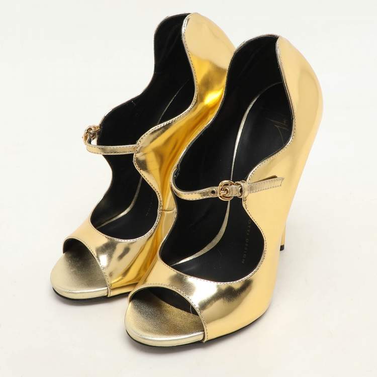 Pre Owned Giuseppe Zanotti Gold Foil Leather Mary Jane Peep Toe Pumps Size 37