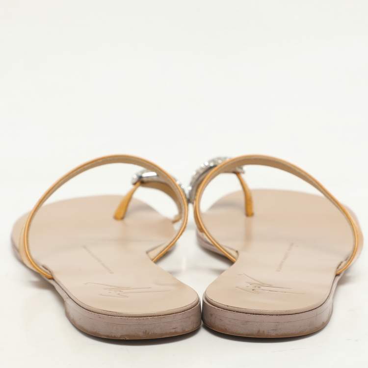 Pre Owned Giuseppe Zanotti Yellow Patent Leather Crystal Embellished Toe Ring Flat Sandals Size 36