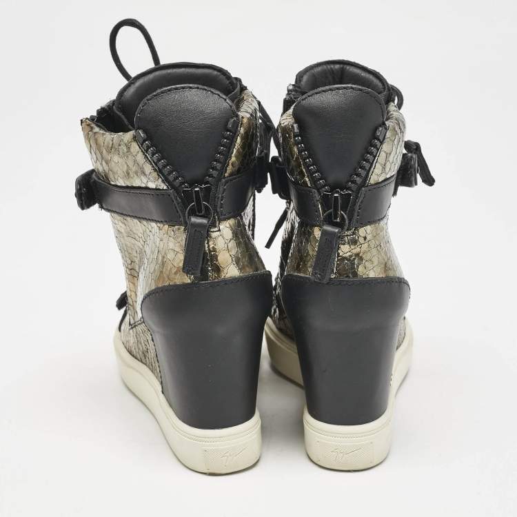 Pre Owned Giuseppe Zanotti Metallic Python Embossed Leather Wedge Sneakers Size 39