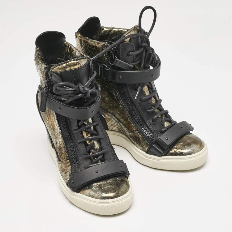 Pre Owned Giuseppe Zanotti Metallic Python Embossed Leather Wedge Sneakers Size 39