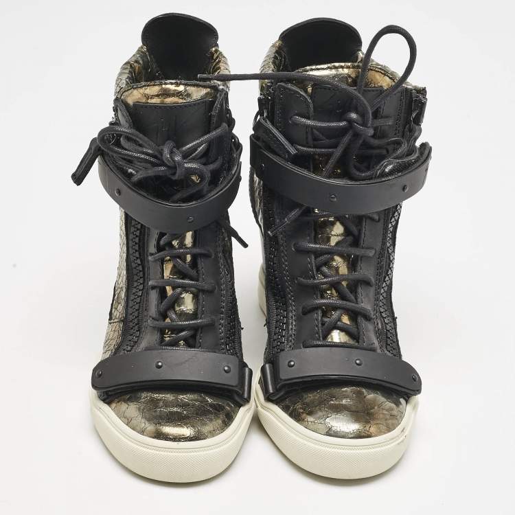 Pre Owned Giuseppe Zanotti Metallic Python Embossed Leather Wedge Sneakers Size 39
