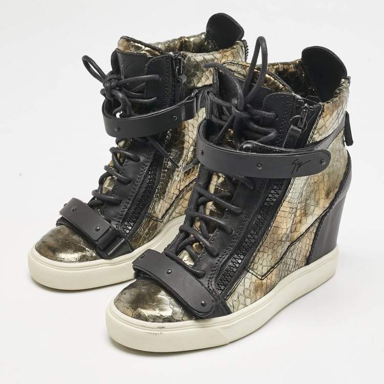 Pre Owned Giuseppe Zanotti Metallic Python Embossed Leather Wedge Sneakers Size 39