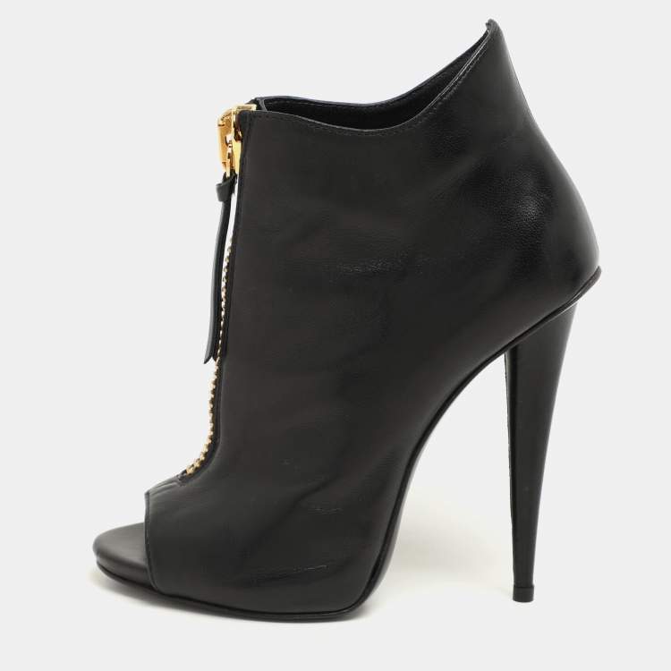 Pre Owned Giuseppe Zanotti Black Leather Peep Toe Ankle Booties Size 36.5