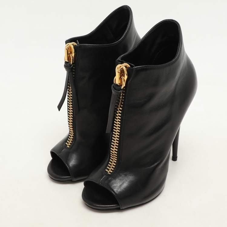 Pre Owned Giuseppe Zanotti Black Leather Peep Toe Ankle Booties Size 36.5