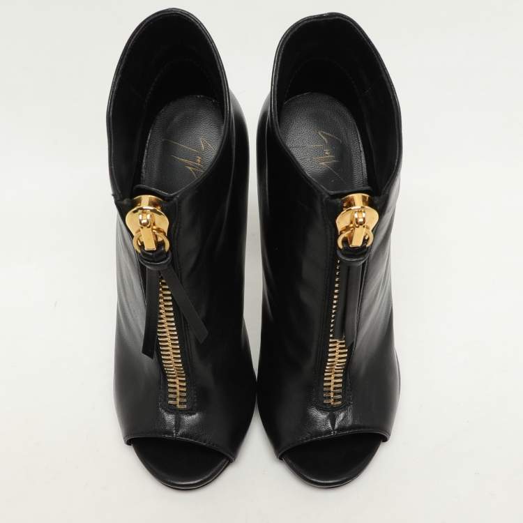 Pre Owned Giuseppe Zanotti Black Leather Peep Toe Ankle Booties Size 36.5