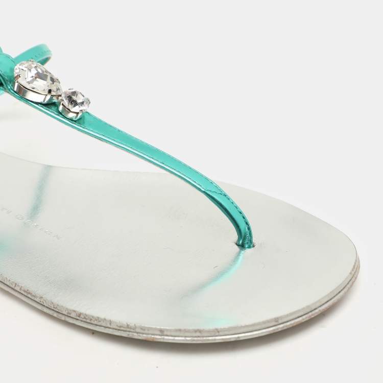 Pre Owned Giuseppe Zanotti Green Leather Embellished Flat Sandals Size 36