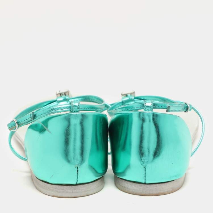 Pre Owned Giuseppe Zanotti Green Leather Embellished Flat Sandals Size 36