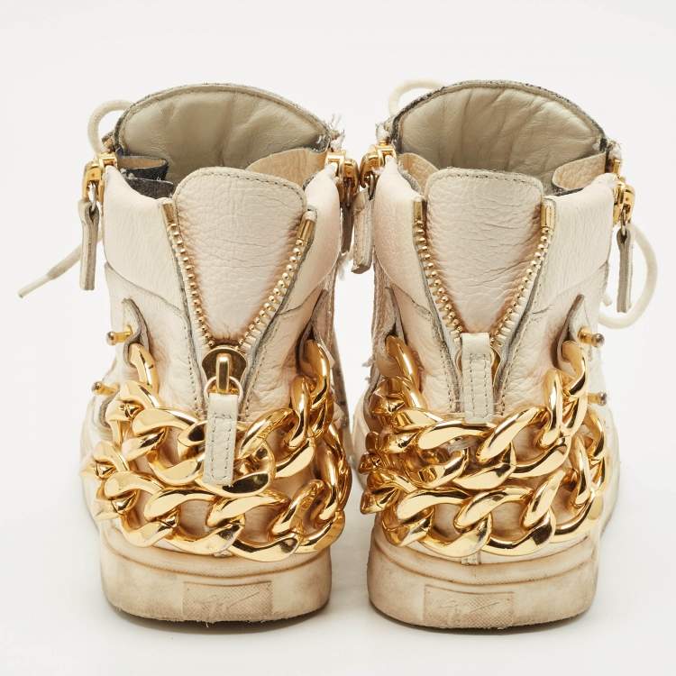 Pre Owned Giuseppe Zanotti Cream Leather Chain Detail High Top Sneakers Size 39.5
