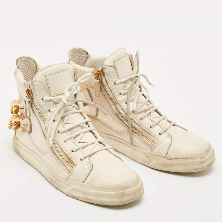 Pre Owned Giuseppe Zanotti Cream Leather Chain Detail High Top Sneakers Size 39.5