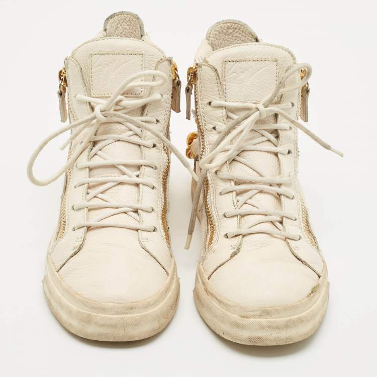 Pre Owned Giuseppe Zanotti Cream Leather Chain Detail High Top Sneakers Size 39.5