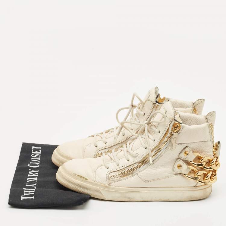 Pre Owned Giuseppe Zanotti Cream Leather Chain Detail High Top Sneakers Size 39.5