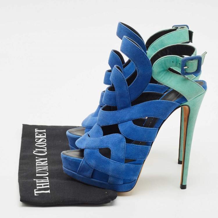 Pre Owned Giuseppe Zanotti Blue/Green Suede Cutout Caged Strappy Platform Sandals Size 39