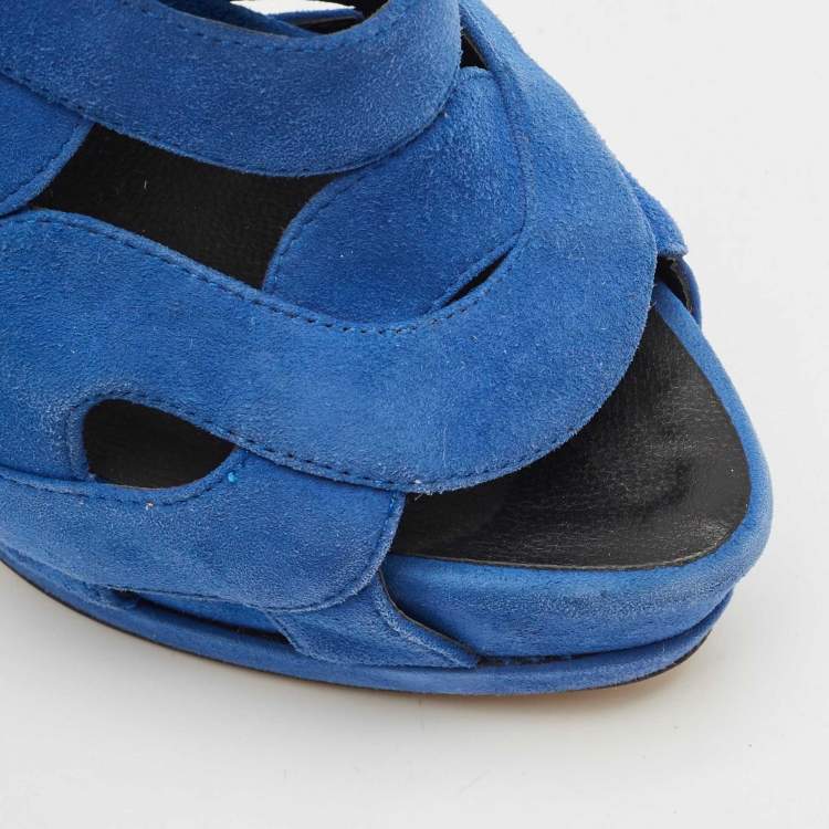 Pre Owned Giuseppe Zanotti Blue/Green Suede Cutout Caged Strappy Platform Sandals Size 39