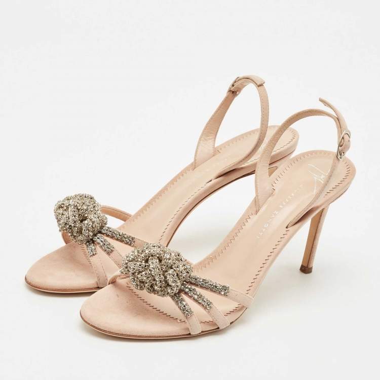 Pre Owned Giuseppe Zanotti Beige Suede Crystal Embellished Slingback Sandals Size 37