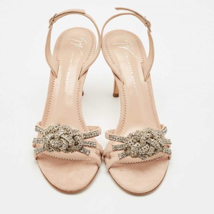 Pre Owned Giuseppe Zanotti Beige Suede Crystal Embellished Slingback Sandals Size 37